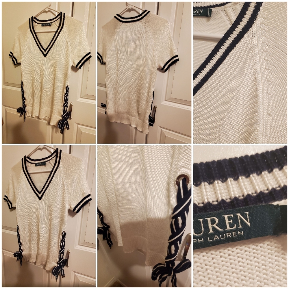 RALPH LAUREN V-Cut Knitted Y2K Cardigan Women's Tennis White Travel Blouse